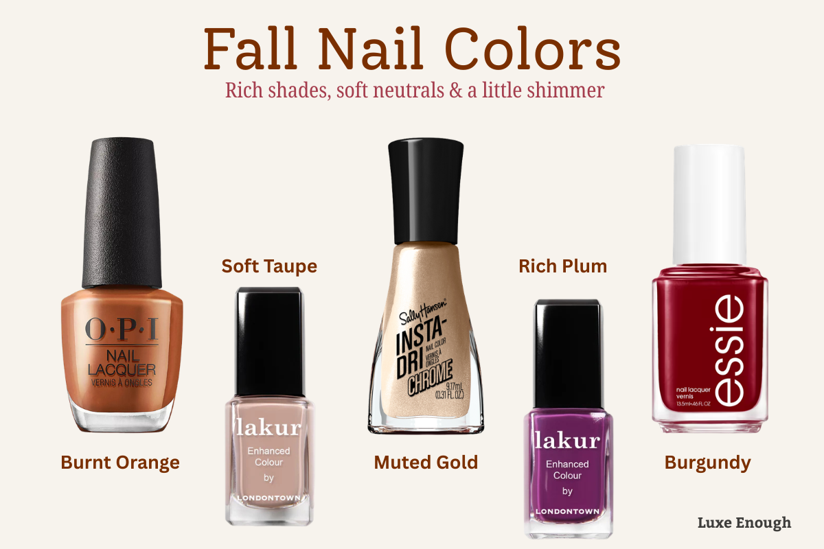Five fall nail polish colors: burnt orange, soft taupe, muted gold, rich plum, and burgundy